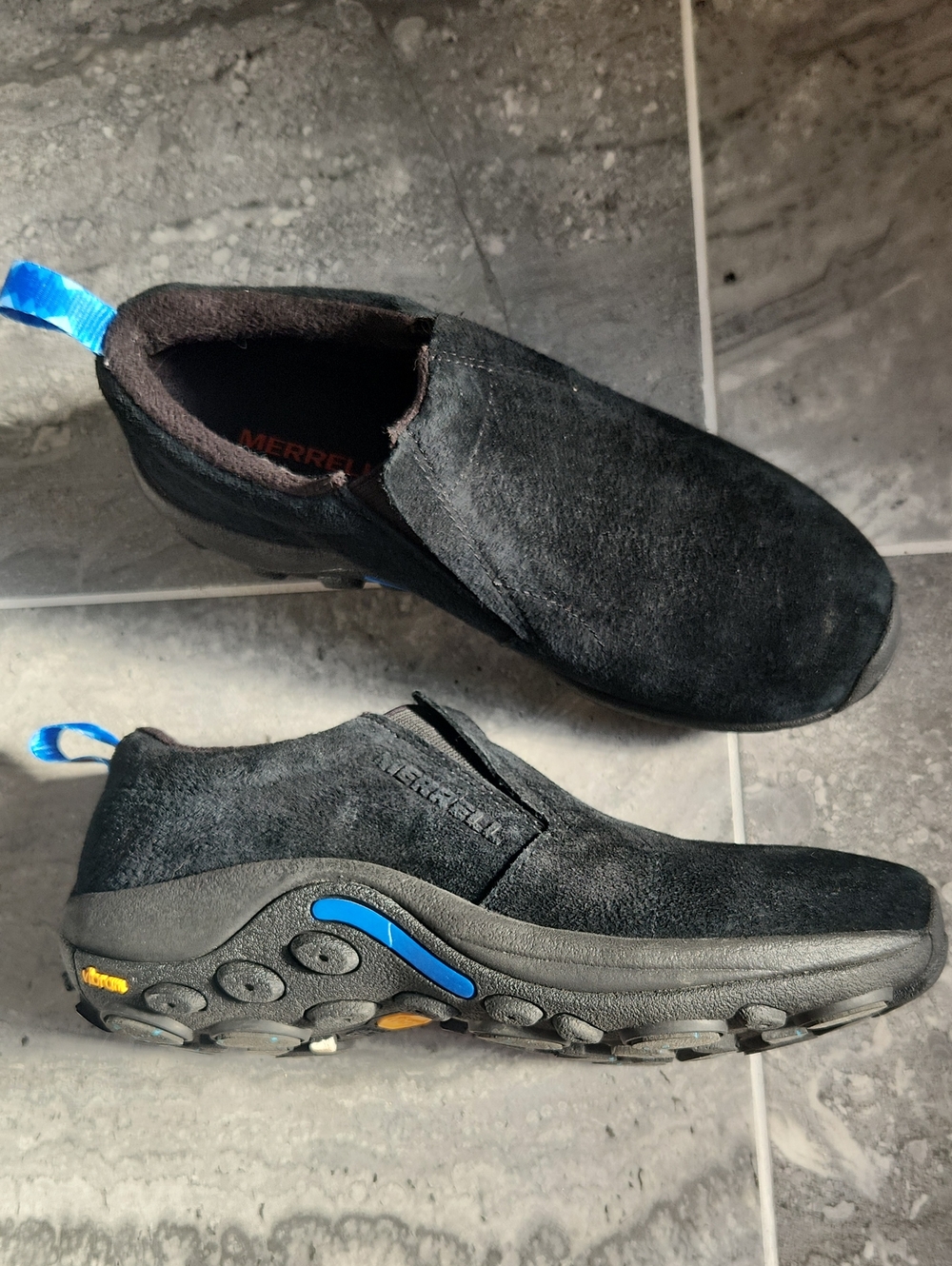 Merrell Black Slip-On Suede Loafers with Blue Accents Size 8.5